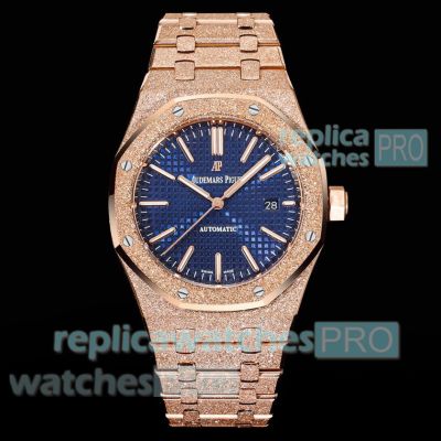 Swiss Replica OMF Frosted Gold Audemars Piguet Royal Oak Rose Gold Blue Face Watch 